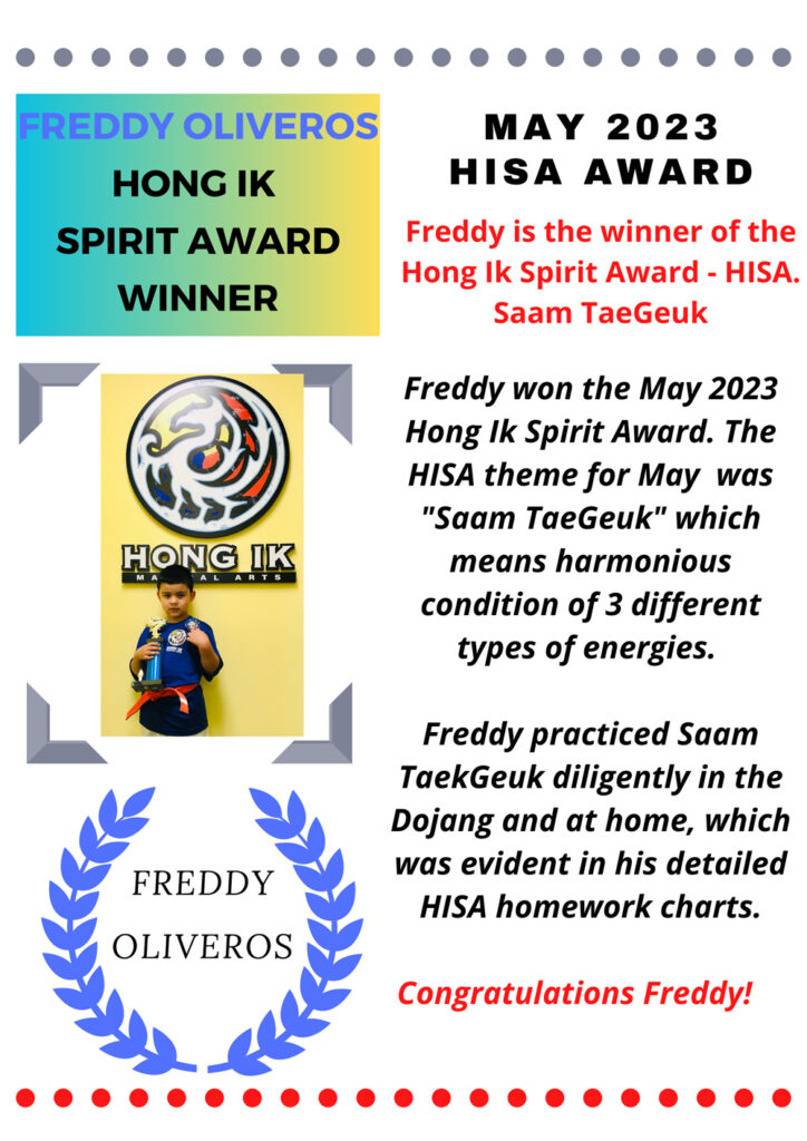 Hong Ik Martial Arts Spirit Award May 2023 Winner Of Brewster Location