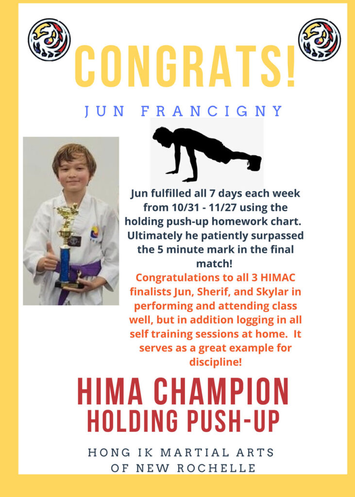 Hong ik Martial Arts of New Rochelle 2022 November HIMA Champion Pushup Holding Posture