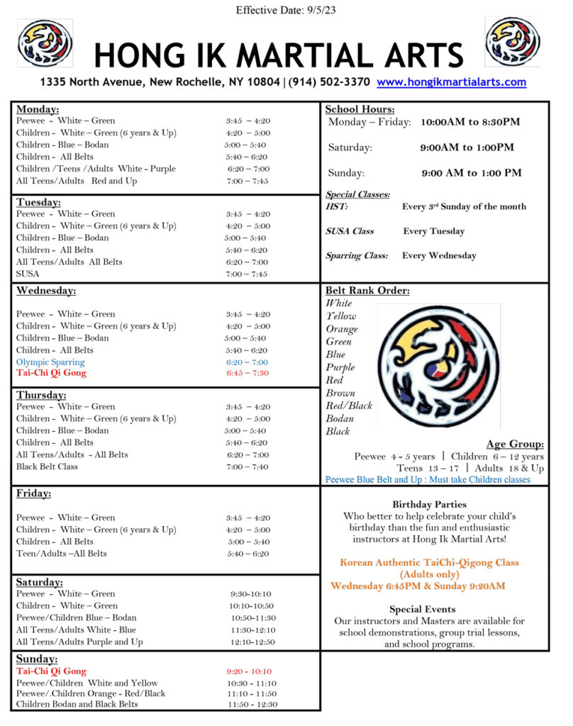NEW ROCHELLE SCHEDULE Hong Ik Martial Arts