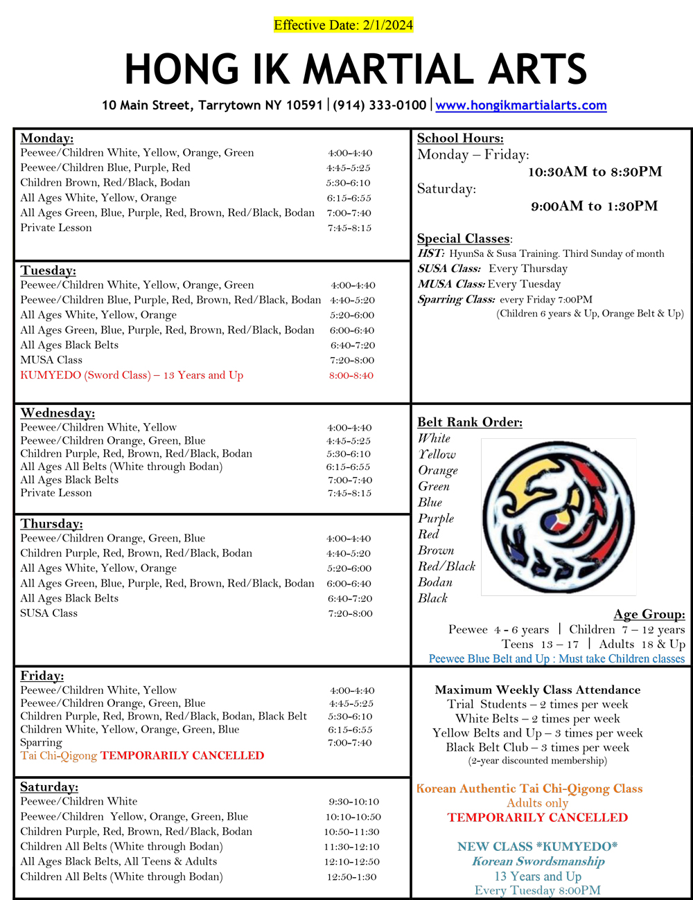 Terrytown Schedule