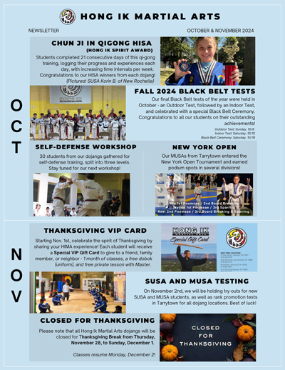 Hong Ik Martial Arts of Tarrytown: HIMA Newsletter - October & November 2024