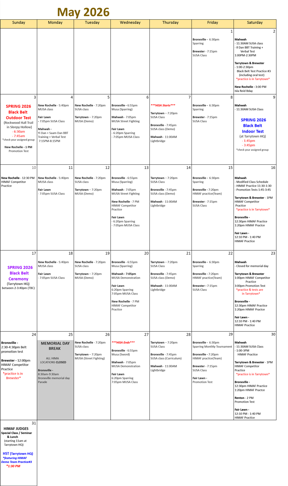 May Schedule