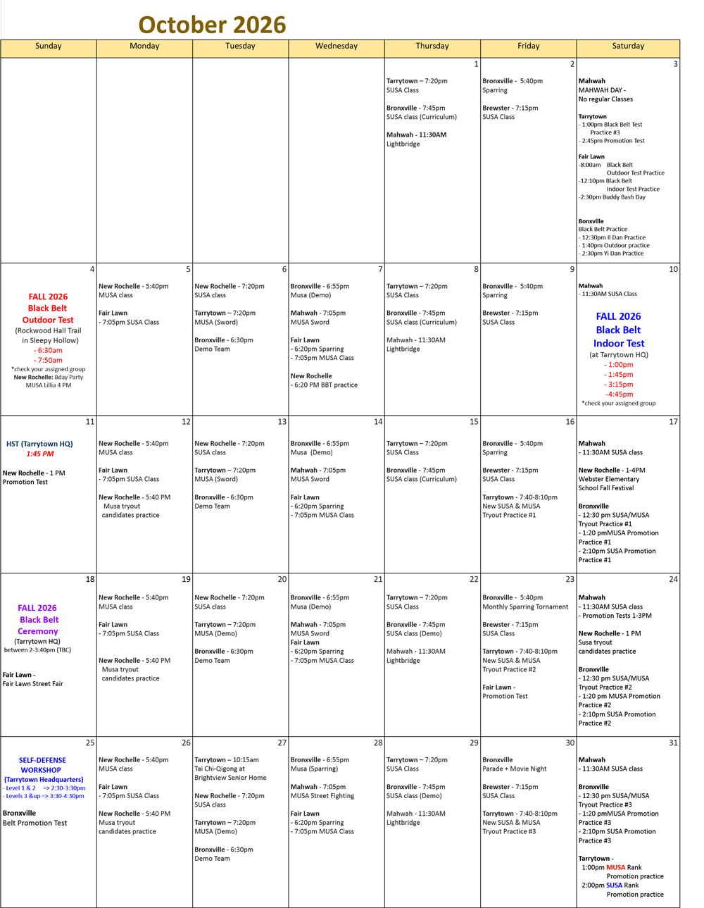 Oct Schedule